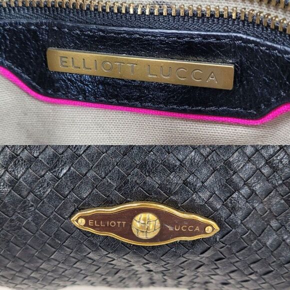 Elliott Lucca Black Basket Woven Leather Shoulder Bag Dual Handles Zip Closer - Picture 2 of 12